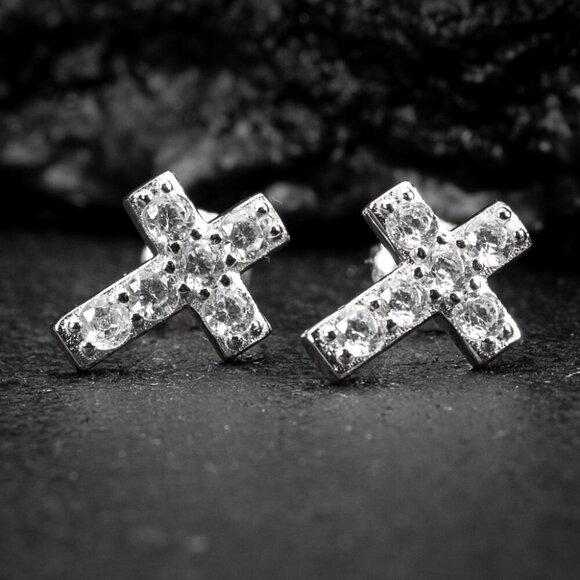 White Gold Plated Sterling Silver Iced Solitaire Cross Stud Screw Back Earrings - Picture 1 of 5